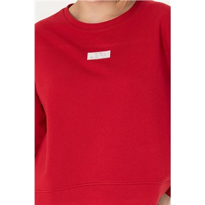 Kadın Kırmızı Bisiklet Yaka Basic Sweatshirt