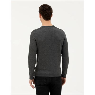 Koyu Gri Slim Fit Bisiklet Yaka Triko Kazak
