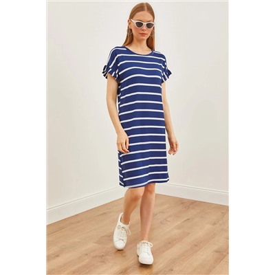 Olalook, Kadın Lacivert Çizgili Kolu Fırfırlı Örme Viskon Mini Elbise ELB-19002156