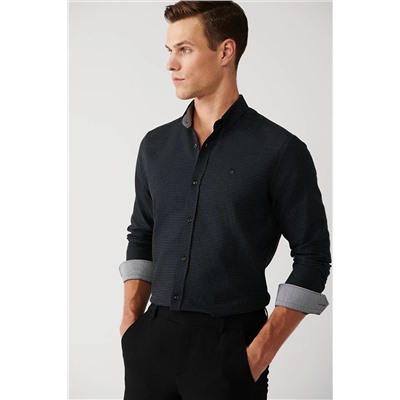 Avva Erkek Siyah Düğmeli Yaka Dokulu Pamuk Karışımlı Slim Fit Gömlek A32y2076 A32Y2076