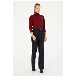 Kadın Lacivert Çizgili Slim Flare Fit Kanvas Pantolon