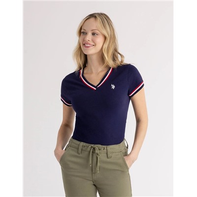 V-NECK SIGNATURE STRIPE TRIM T-SHIRT