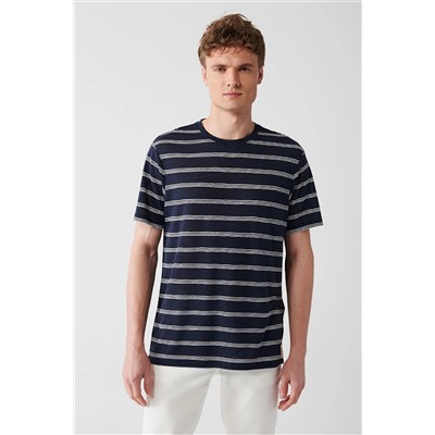 Avva Erkek Lacivert Bisiklet Yaka Ütü Gerektirmeyen Çizgili Comfort Fit Rahat Kesim T-shirt A31y1144 A31Y1144