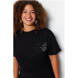 Siyah Bisiklet Yaka slogan Baskılı %100 Pamuk Örme Büyük Beden T-shirt Elbise TBBSS23AH00162
