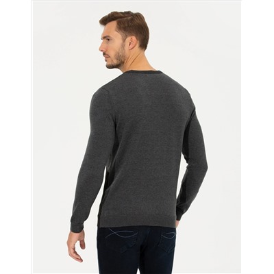 Gri Melanj Slim Fit Bisiklet Yaka Triko Kazak