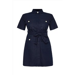 Koyu Mavi Kuşak Detaylı Mini Denim Gömlek Elbise TBBSS24AH00124