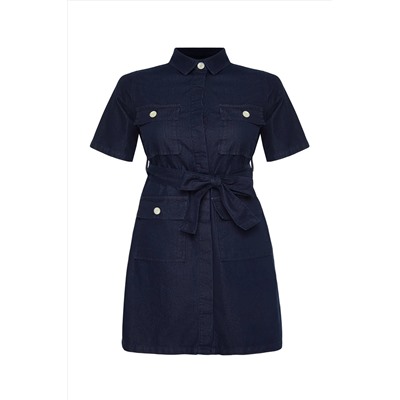 Koyu Mavi Kuşak Detaylı Mini Denim Gömlek Elbise TBBSS24AH00124
