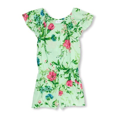 Girls Short Sleeve Floral Print Woven Romper