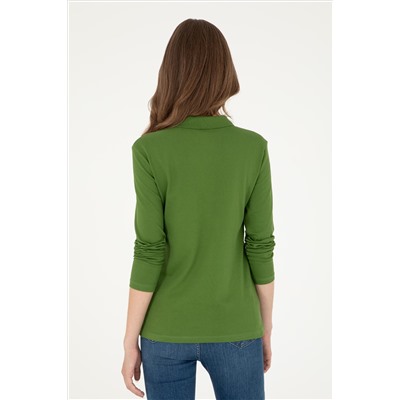 Kadın Yeşil Basic Polo Yaka Sweatshirt