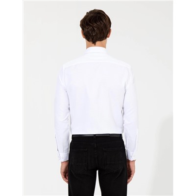Beyaz Slim Fit Armürlü Uzun Kollu Gömlek