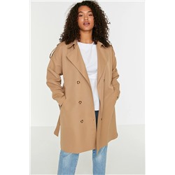 Trendyol Curve Camel Omuzları Apolet Detaylı Ceket Yaka Kuşaklı Geniş Kalıp Trençkot TBBAW23BM00001