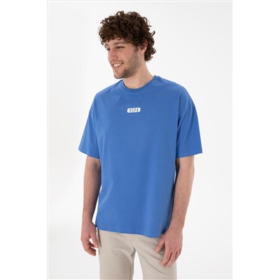 Erkek Oversize Fit Bisiklet Yaka İndigo Tişört