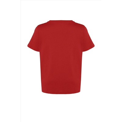 Kırmızı V Yaka Basic %100 Pamuk Örme T-Shirt TBBSS22BF0028