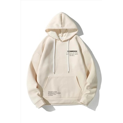 AltamiraUnisex Bej Happiest Baskılı Oversize Kapşonlu Sweatshirt