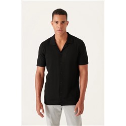 Avva Erkek Siyah Küba Yaka Düğmeli Standart Fit Normal Kesim Triko T-shirt B005008