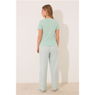 Pijama largo manga corta algodón verde rayas