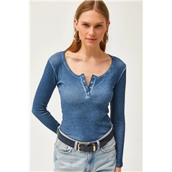 Olalook Kadın Yıkamalı İndigo Patlı Kaşkorse Bluz BLZ-19000588