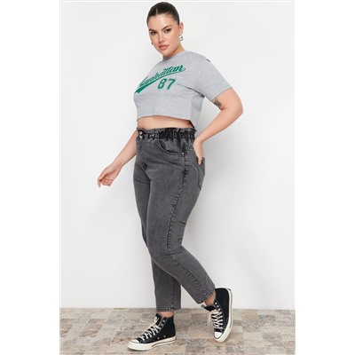 Gri Yüksek Bel Beli Lastikli Büyük Beden Mom Jeans TBBAW23JE00002