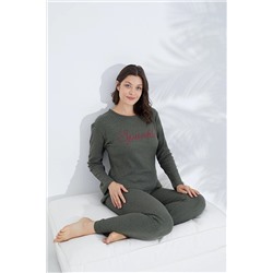 Siyah İnci haki Örme Baskılı Pijama Takım 7702