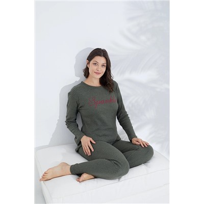 Siyah İnci haki Örme Baskılı Pijama Takım 7702
