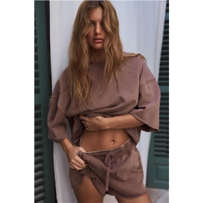 SHORT SLEEVE RIBBED PLUSH SWEATSHIRT