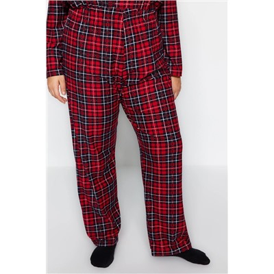 Kırmızı Ekoseli Gömlek Yaka Yumuşak Tuşe Örme Pijama Takımı TBBAW24AI00033