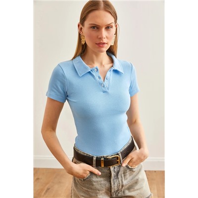 Olalook, Kadın Bebe Mavi Polo Yaka Düğmeli Likralı Bluz BLZ-19002558
