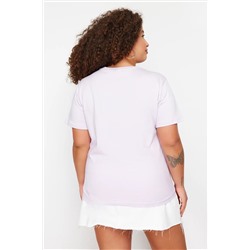 Lila Çıt Çıt Detaylı %100 Pamuk Büyük Beden Örme T-shirt TBBSS24BF00000