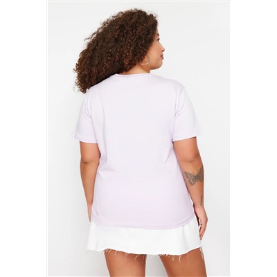 Lila Çıt Çıt Detaylı %100 Pamuk Büyük Beden Örme T-shirt TBBSS24BF00000