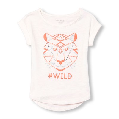 Girls Short Rolled Sleeve Embellished Graphic Hi-Low Top