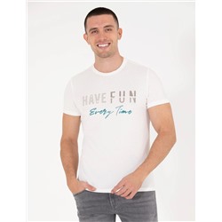 Ekru Slim Fit Baskılı Bisiklet Yaka Tişört