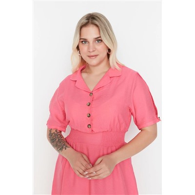 Pembe Gipe ve Düğme Detaylı Dokuma Elbise TBBSS22EL1563