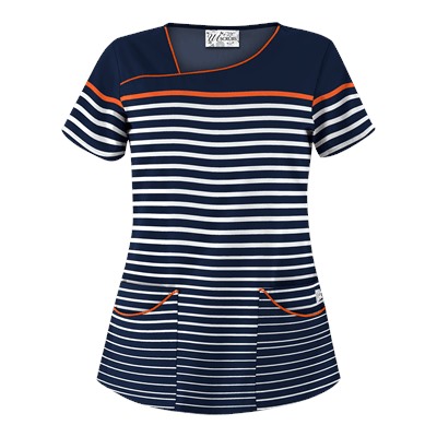 UA Sassy Stripes Navy Asymmetrical Scrub Top