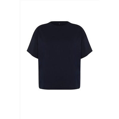 Lacivert %100 Pamuk Sırt Baskılı Rahat Kesim Bisiklet Yaka Örme T-Shirt TBBSS24BF00025
