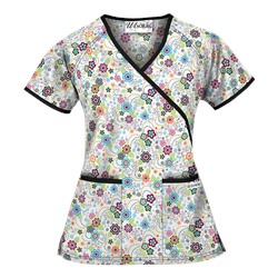 UA Floral Extravaganza Black Mock Wrap Scrub Top