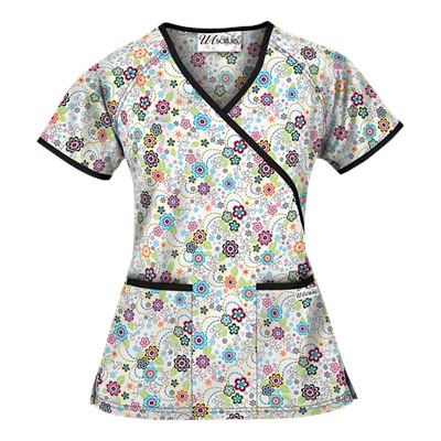 UA Floral Extravaganza Black Mock Wrap Scrub Top