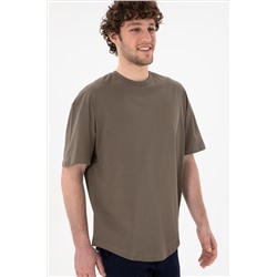 Erkek Long Fit Bisiklet Yaka Vizon Basic Tişört