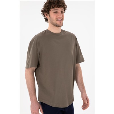 Erkek Long Fit Bisiklet Yaka Vizon Basic Tişört