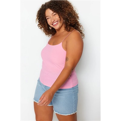 Pembe Spagetti Askılı Crop Fitilli Örme Büyük Beden Bluz TBBSS23AF00013
