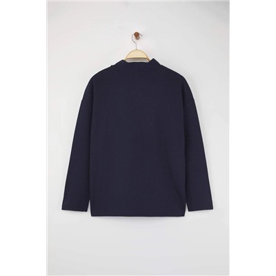 Lacivert Selanik/Triko Görünümlü Fermuarlı Yaka Regular/Normal Kalıp Örme Sweatshirt TBBAW23AO00006