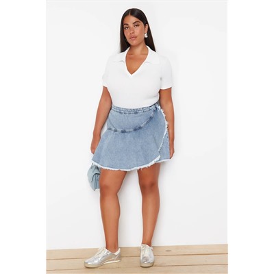 Açık Mavi Volan Detaylı Mini Denim Şort Etek TBBSS24AP00027