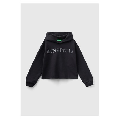 United Colors of BenettonKız Çocuk Siyah Slogan Baskılı Crop Sweatshirt