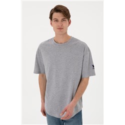 Erkek Long Fit Bisiklet Yaka Gri Melanj Basic Tişört