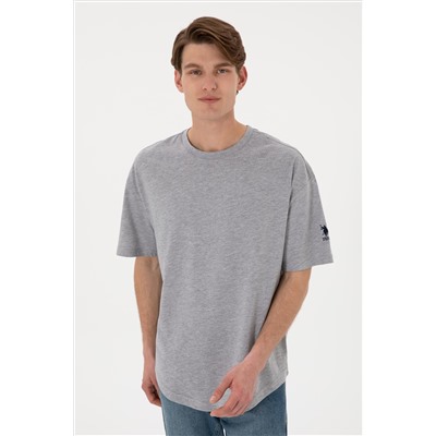 Erkek Long Fit Bisiklet Yaka Gri Melanj Basic Tişört