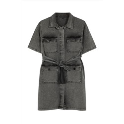 Koyu Mavi Kuşak Detaylı Mini Denim Gömlek Elbise TBBSS24AH00124