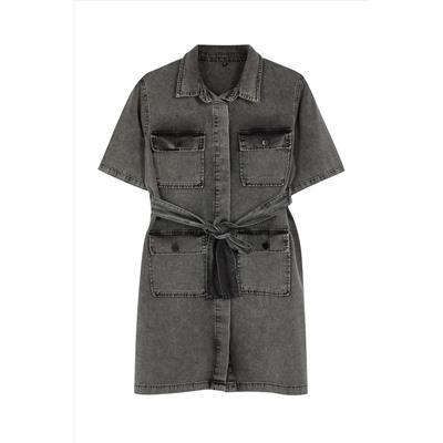 Koyu Mavi Kuşak Detaylı Mini Denim Gömlek Elbise TBBSS24AH00124