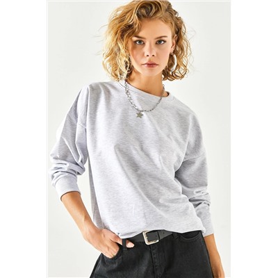 Olalook Kadın Gri Melanj Basic Yumuşak Dokulu Salaş Sweatshirt SWT-19000457