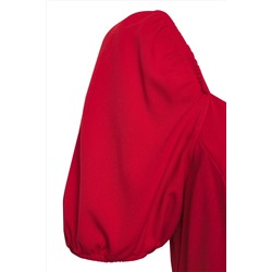 Kırmızı Kare Yaka Astarı Şortlu Balon Kollu Dokuma Büyük Beden Elbise TBBSS25AH00079