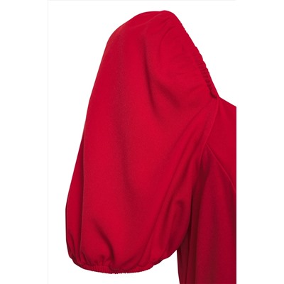 Kırmızı Kare Yaka Astarı Şortlu Balon Kollu Dokuma Büyük Beden Elbise TBBSS25AH00079