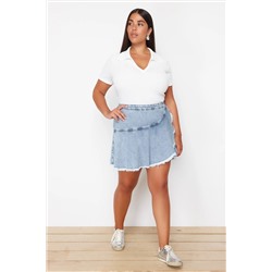 Açık Mavi Volan Detaylı Mini Denim Şort Etek TBBSS24AP00027